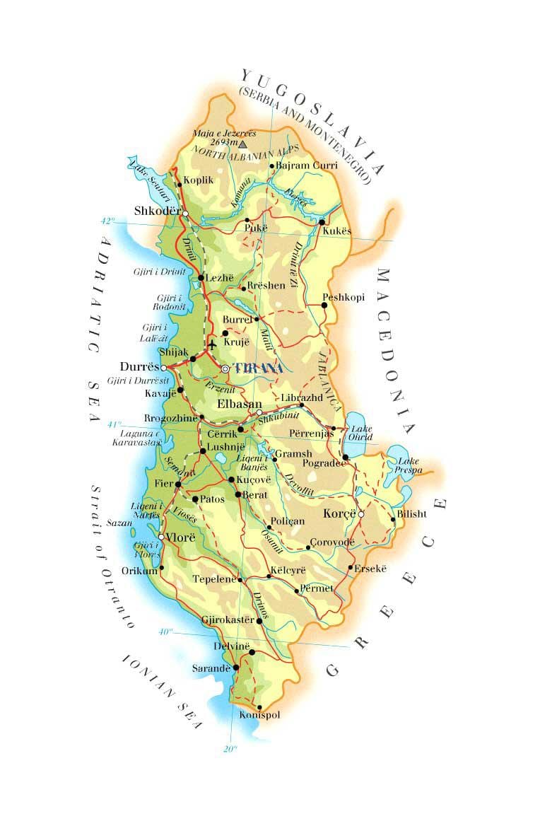 แผนที่ของทางกายภาพบนแผนที่ของอัลเบเนีย name