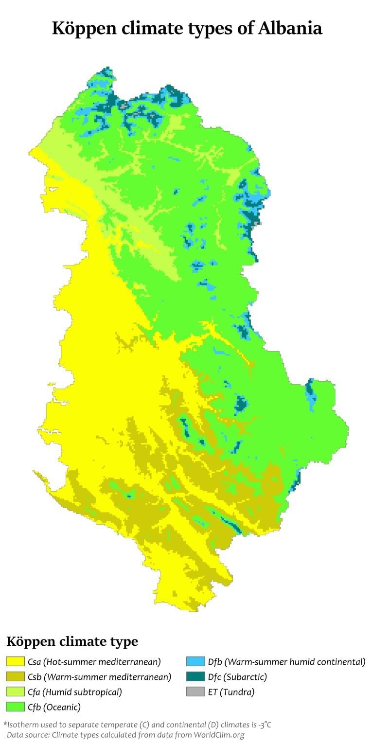 แผนที่ของอัลเบเนียสภาพอากาศ